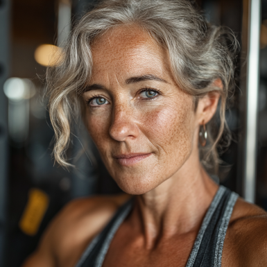 Літня жінка займається у спортивному залі з тренером